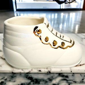 Vintage Porcelain Baby Bootie Shoe Handmade & Hand Painted Keepsake W/ Gold Trim